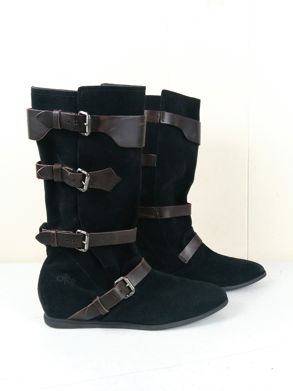 OTBT Black Suede Leather Mid-Calf Buckle Biker Boots Women Size 8 Moto Side Zip